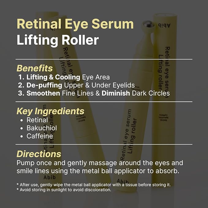 Abib Retinal Eye Serum Lifting Roller 0.5 Fl Oz,15ml | Anti-Aging Eye Applicator for Wrinkles, Puffiness, Dark Circles with Caffeine & Bakuchiol for Under Eyes | Travel Size Skincare Essential