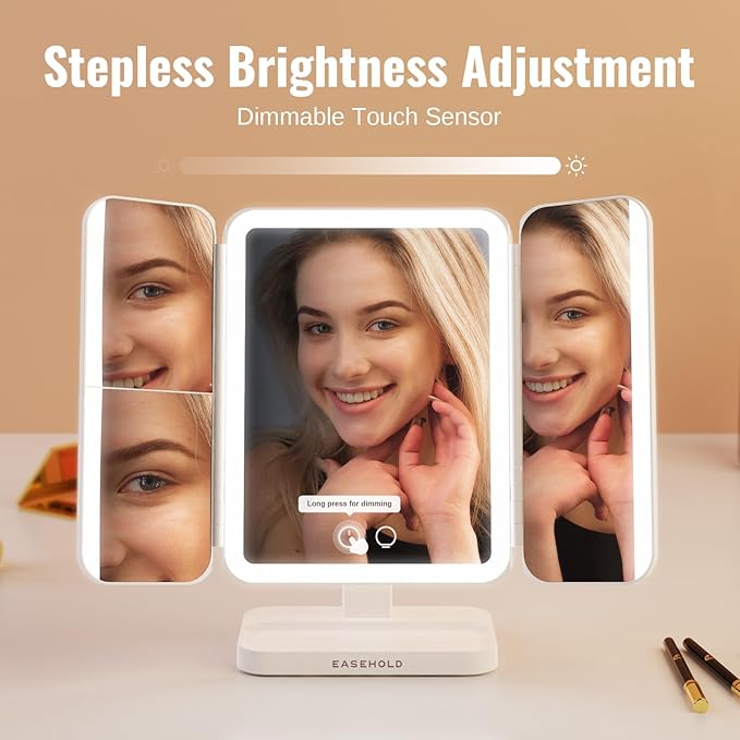 EASEHOLD Makeup Mirror with Lights, Rechargable Lighted Vanity Mirror with 116 LEDs, 1X/2X/3X Magnifying, 3-Color Mirror with LED Lights,5000 mAh Lighted Makeup Mirror, Adjustable Brightness/Angle