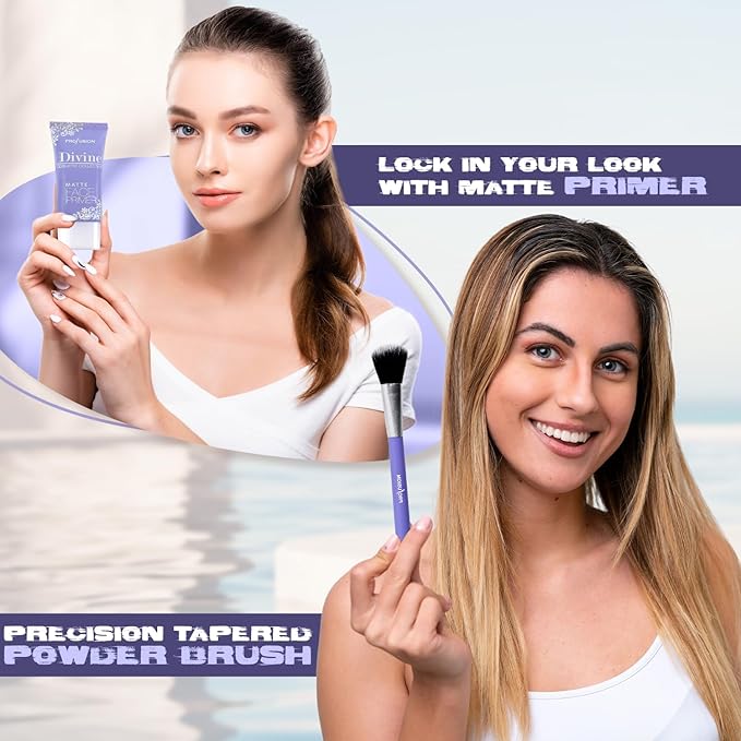 Profusion Cosmetics Divine Face Perfecting Foundation Kit, Including 1 Matte Face Primer, Foundation, Powder, Tapered Brush for Flawless Makeup