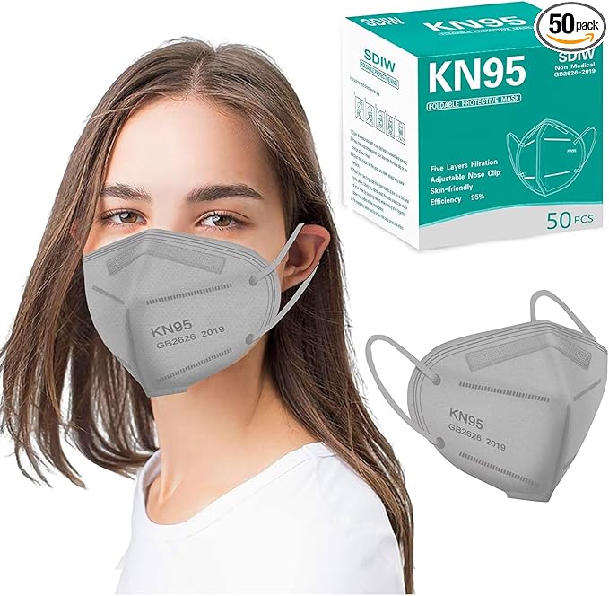 50PCS KN95 Face Masks Breathable Disposable Mask 5 Layer Cup Dust Safety Filter Efficiency≥95% with Elastic Ear Loops and Nose Bridge Clip(Grey)