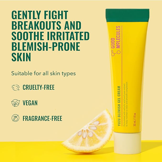 Good Molecules Yuzu Blemish Gel Cream - Lightweight Gel Moisturizer with Salicylic Acid, BHA and Natural Extracts to Target Acne, Even Skin Tone, and Texture - Skin Care for Face