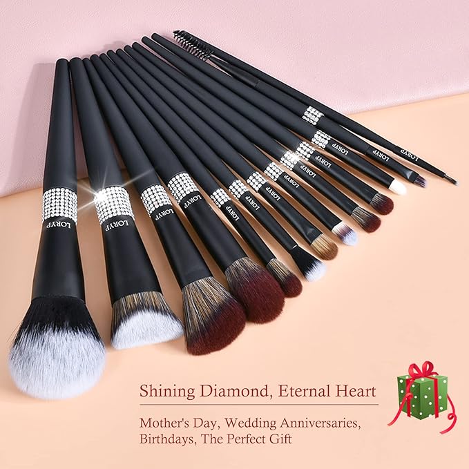 LORYP Makeup Brushes Set -13pcs Diamond Foundation Eye Shadows Eyeliner Brush Concealers Make Up Brush Set for Women (Crystal-Matte Black)
