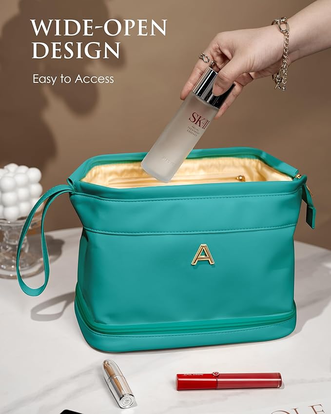 College Girl Gift Ideas, Birthday Gift for Her, Makeup Bag, Waterproof Double Layer Cosmetic Bag, Large Capacity PU Leather Makeup Bags Letter Travel Toiletry Bag, Initial Gifts for Coworkers