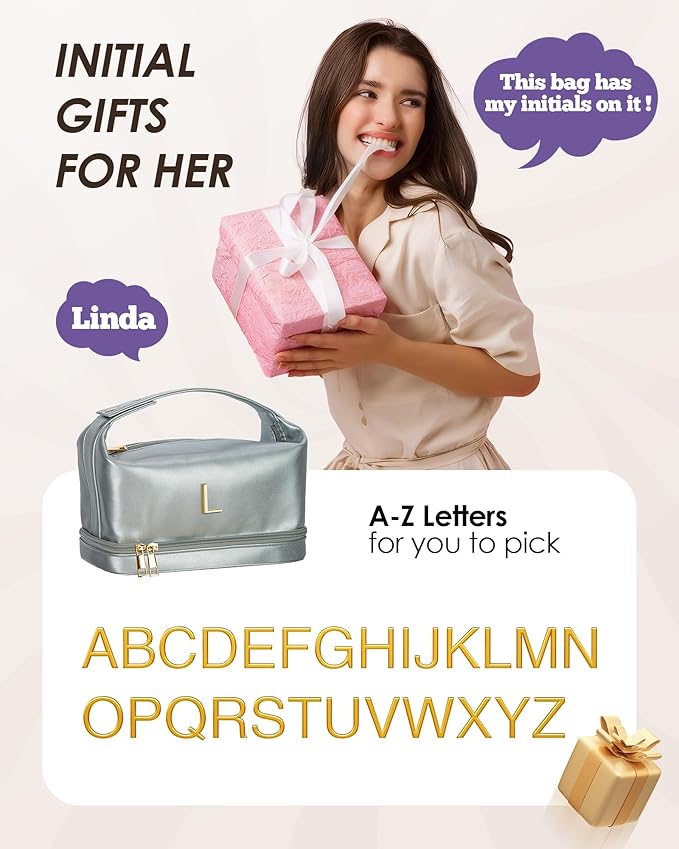 Customized Gifts for Women, Monogrammed Makeup Bag with Handle, Initial Double Layer Cosmetic Bag with Makeup Brush Organizer, Cute Cosmetic Pouch for Women, Gifts for Friends Female Mom