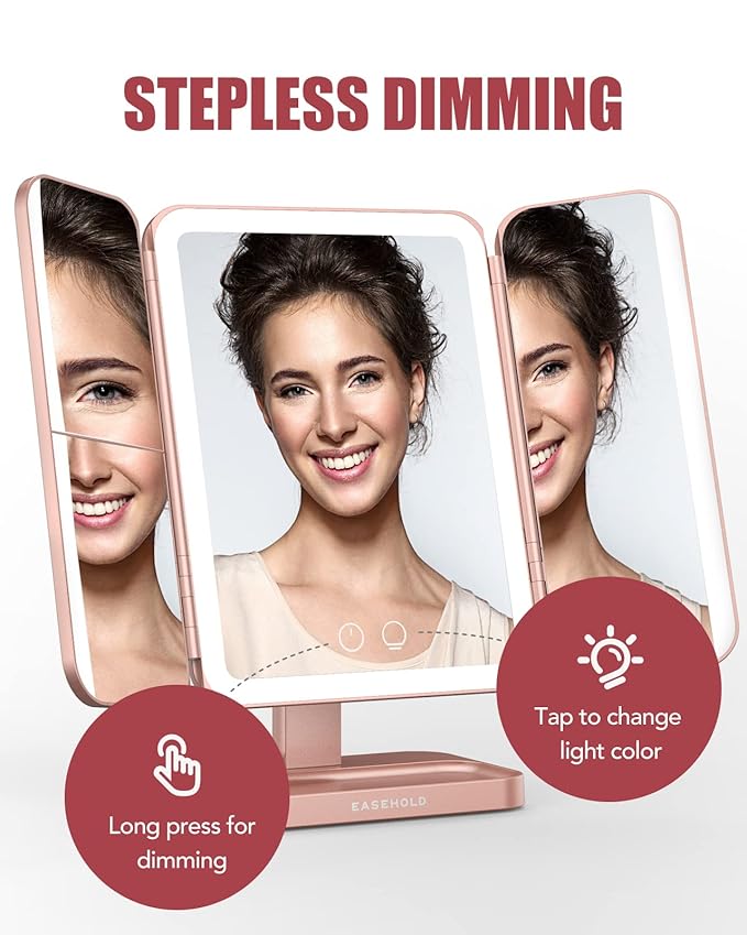 EASEHOLD Rechargeable Vanity Mirror with Lights, 116 LEDs Make up Mirror, 3-Color Lighted Makeup Mirror, 2X/3X/10X Magnification, 5000 mAh, Touch Sensor, Light up Mirror, Gifts for Women