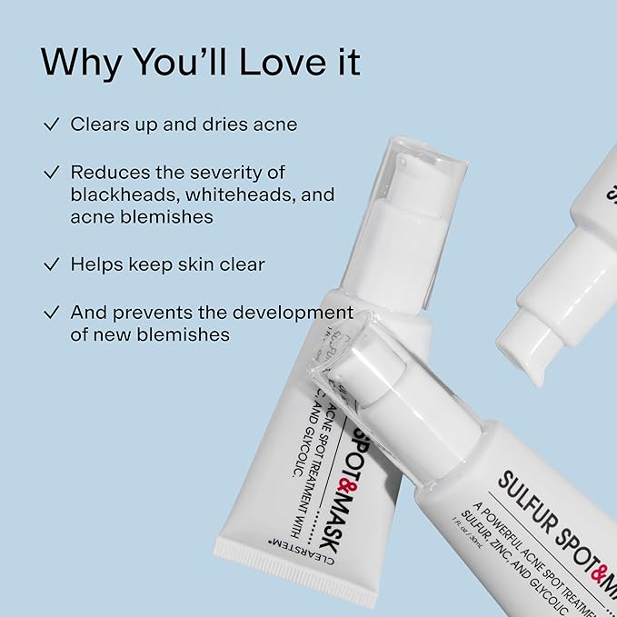 CLEARSTEM SULFUR SPOT&MASK Face Mask for Acne - Sulfur Spot Cleanser Facial Mask - Weekly Acne Face Mask for Clear & Smooth Skin - Made with Kaolin Clay & Glycolic to Reduce Blackheads & Blemishes