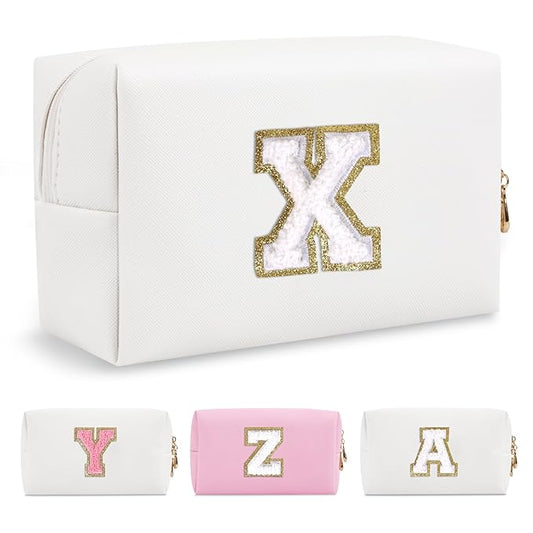 Small Personalized Initial A-Z Preppy Patch Makeup Bag,White PU Chenille Letter Travel Cosmetic Pouch with Zipper,Cute Toiletry Bag,Gift Ideal for Teen Girls Women Teacher Bridesmaid,Letter X