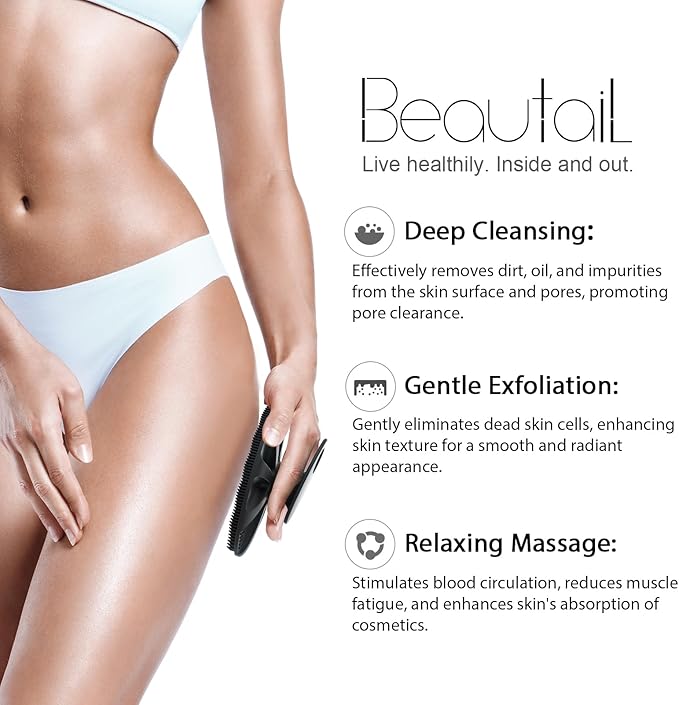 Silicone Body Scrubber Shower Bath Wash Brush Gentle Exfoliating Scrub Cleansing Loofah for Women Men Baby Sensitive Skin, Easy to Clean, Lather Nicely, More Hygienic, 1 Pack, Black