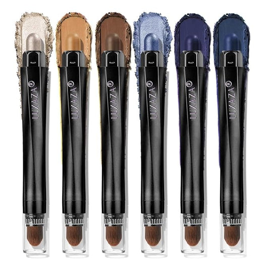 Blue Eyeshadow Stick Makeup 6PCS Set, Dark Blue Brown Metallic Shimmer Matte Cream Eye Shadow Eyeliner Brightener Pencil Crayon - JEANS BLUE