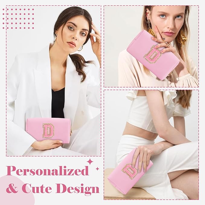 Personalized Initial A-Z Preppy Patch Makeup Bag,Small PU Leather Chenille Letter Cosmetic Bag with Zipper for Teen Girls,Pink Cute Travel Toiletry Bag,Birthday Monogrammed Gift for Daughter,Letter D