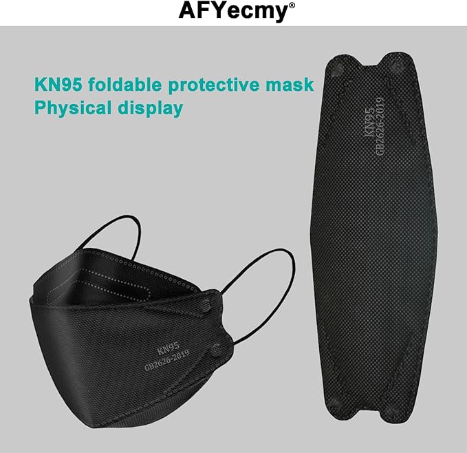 KN95 Face Masks Black 50 Pack for Adults, Breathable Disposable with Elastic Ear Loops