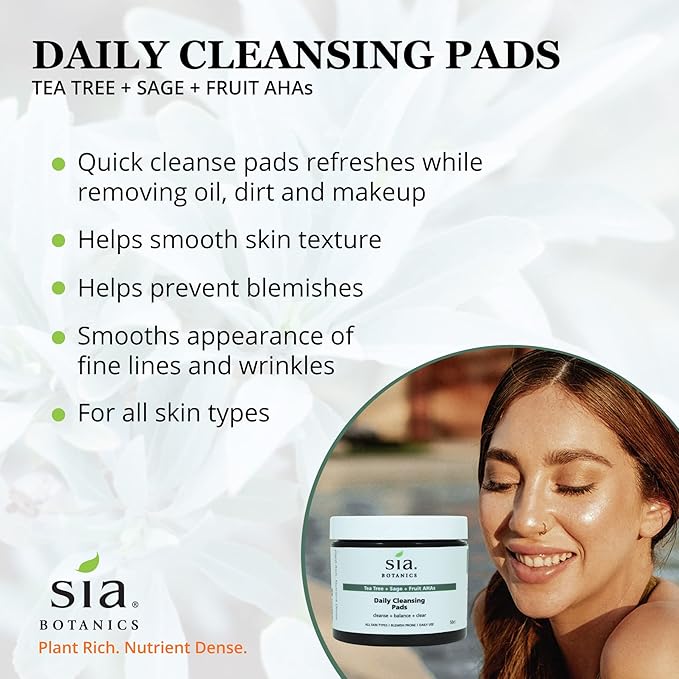 Sia Botanics Tea Tree Daily Cleansing Pads for Face (50ct Tub) | Facial Applicator w/Tea Tree, Sage, Fruit AHAs | Natural, Clean, Botanical Skincare for Women