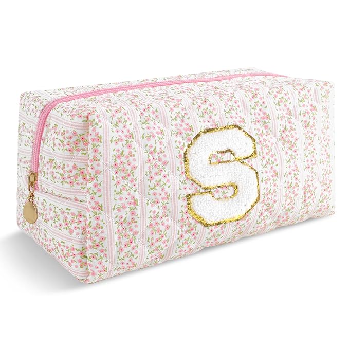 Personalized Quilted Cosmetic Bag, Puffy Monogrammed Christmas Birthday Gifts for Women & Girls, Cute initial Floral Makeup Bag Puffer Coquette Bag, Aesthetic Travel Toiletry Zipper Pouch(Pink,S)