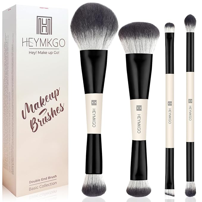 HEYMKGO Makeup Brushes Set, 4Pcs Professional Dual-ended Foundation Contour Power Face Eyeshadow Brush set for Liquid,Cream, Powder for Blending Contouring Makeup Tools- Great for Travel Use, Black