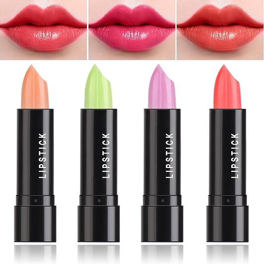 4 Pcs Color Changing Change Lipstick,Magic Lipstick Jelly Lip Balm,Moisturizer Tinted Lip Tint Stain Long Lasting Waterproof Temperature Color Change Lip Gloss