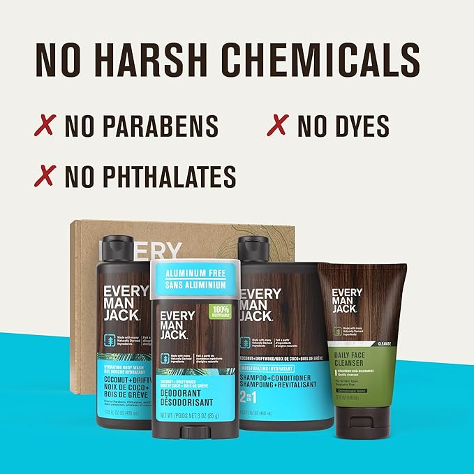 Every Man Jack Men’s Coconut + Driftwood Bath and Body Gift Set - Round Out His Routine with Body Wash, 2-in-1 Shampoo, Deodorant & Face Wash
