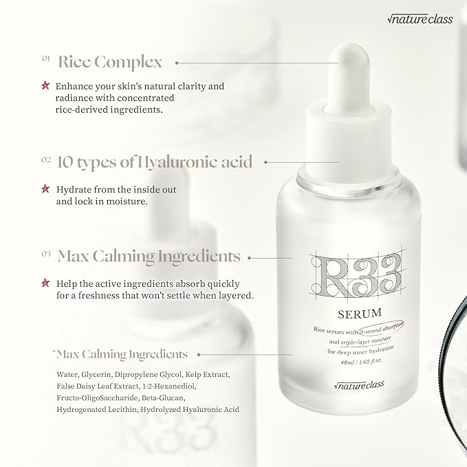 R33 Serum with Rice Complex & 10 Types of Hyaluronic Acid – Fast-Absorbing, Non-Sticky Hydrating Serum for 24-Hour Moisture, Calming, Korean Skincare (50ml / 1.69 fl.oz.)