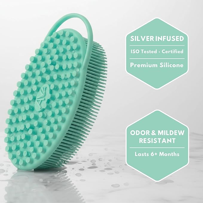 Silver Infused Silicone Body Scrubber Shower - Gentle Back Scrubber Soft Bristles - Avilana Premium Dual Sided Bath Brush Massage - Advanced Material Loofah Alternative - Gift Women Men