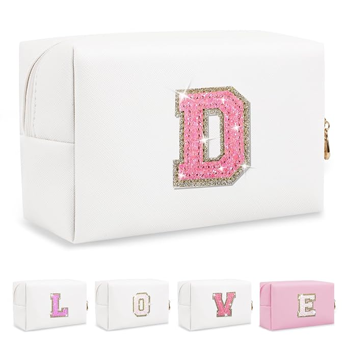 Small Initial Patch Makeup Bag Personalized Gifts Make Up Bag,White Cute PU Leather Glitter Letter Cosmetic Bag with Zipper,Trendy Portable Travel Toiletry Pouch,Preppy Stuff for Teen Girls Women D