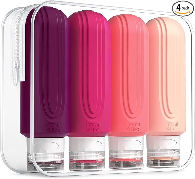 Travel Bottles for Toiletries, Large 6oz Oversize Containers, BPA Free Leak Proof Tubs Refillable Liquid Traveler Accessories with Toiletry Bag for Cometic Shampoo and Lotion Soap (4 Pack)