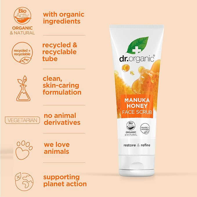 Dr. Organic Manuka Honey Face Scrub | Deep Cleansing and Exfoliating for Dry Skin, Removes Impurities and Excess Oil, Moisturizing, Certified Organic, Paraben & SLS-Free, Natural, 125 mL / 5 fl oz