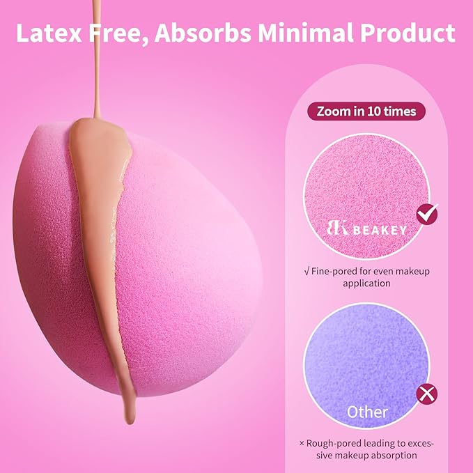 BEAKEY Latex-Free Blender Makeup Sponge for Blending, Pink Makeup Sponges Set, Soft Beauty Sponge, for Flawless Application of Liquid, Cream, and Powder Cosmetics