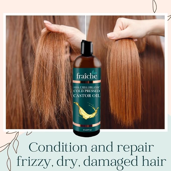 Live Fraiche Organic Castor Oil (16oz) + Filled Mascara Tube - 100% Pure Hexane Free Cold Pressed Castor Oil for Skin and Face - Hair Growth for Eyelashes and Eyebrows Scalp & Hair Treatment Oil