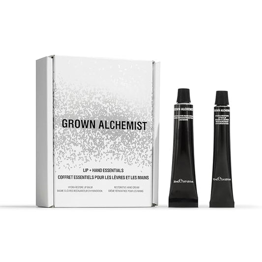 Grown Alchemist, Lip + Hand Essentials Holiday Gift Kit. Hydra-Restore Lip Balm (12 mL) & Restorative Hand Cream (20 mL). Natural Hydration Duo