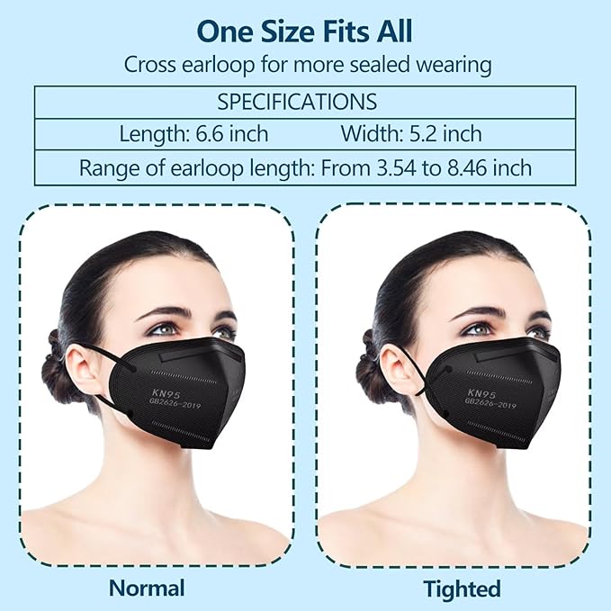 50PCS KN95 Face Masks Black 5 Layer Cup Dust Safety Filter Efficiency≥95% with Elastic Ear Loops and Nose Bridge Clip Breathable Mask