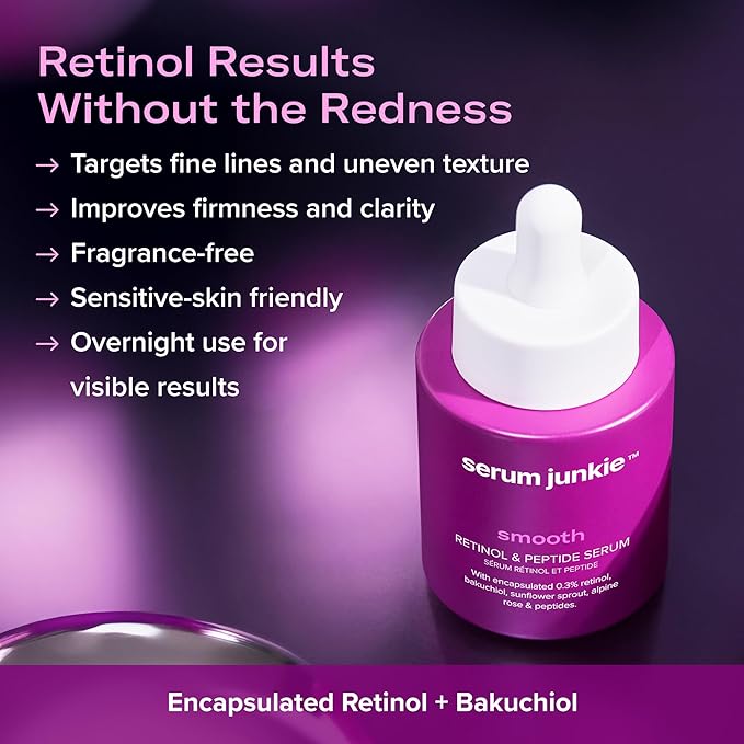 SMOOTH Retinol and Peptide Serum with Encapsulated Retinol, Bakuchiol, Matrixyl 3000, Melatonin, Vitamin E, Anti-Aging, Targets Fine Lines, Uneven Texture, Dullness, 1 fl oz