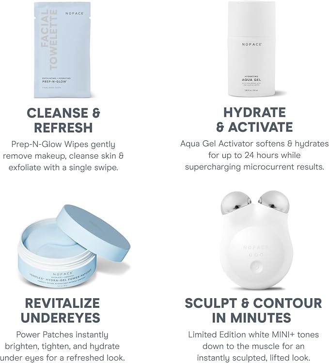 NuFACE MINI+ Microcurrent Facial Device Ultimate Uplift Holiday Kit - Brilliant White Sculpting Device with Aqua Gel, Power Patches, Prep-N-Glow Skin Care Wipes & Luxe Gift Box (4 Count)