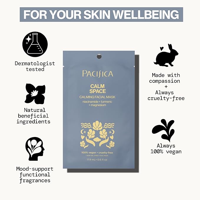 Pacifica Sheet Face Mask - Calm Space - Calming Facial Mask - Niacinamide & Turmeric Soothing Face Mask for Irritated Skin Clean Beauty Vegan & Cruelty-Free Dermatologist Tested