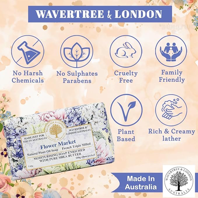Wavertree & London Flower Market Scented Natural Soap (2 Bars), 7oz Moisturizing French Triple Milled Soap Bars enriched with shea butter - Pure Plant Based Bath & Body Bars for All Skin Types