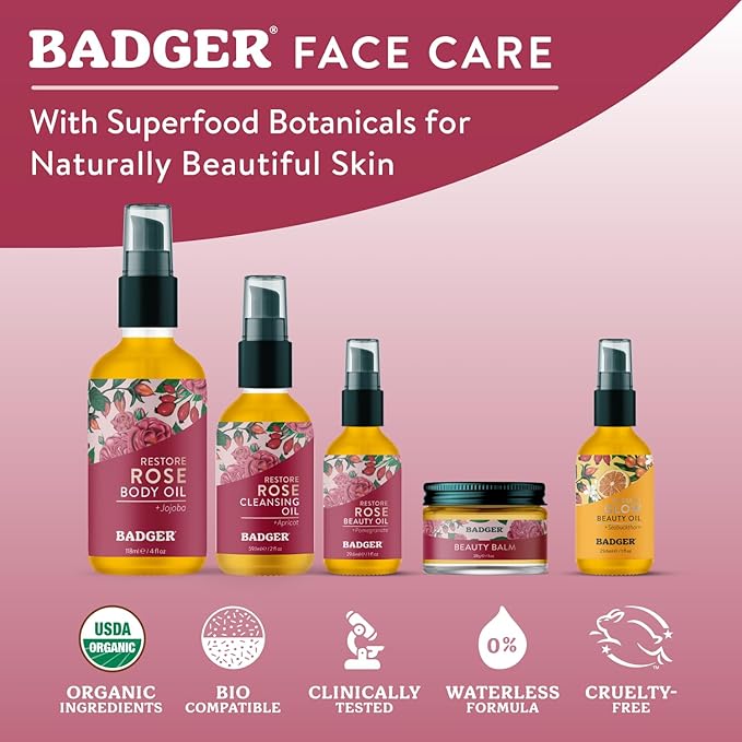 Badger Rose Face Oil, 100% Organic Face Moisturizer, Nourishing & Soothing Organic Jojoba Oil & Rose Oil, Vegan Antioxidant Rich Moisturizing Facial Oil, 1 fl oz Glass Bottle