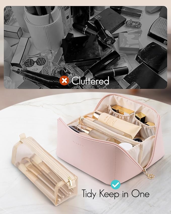 Vlando Makeup Bag,Large Capacity Toiletry Bag for Women Waterproof Portable Make up Pouch PU Leather Open Flat Cosmetic Bag(Pink)