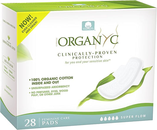 Organyc New and Improved 100% Certified Organic Cotton Inside and Out Overnight Feminine Pads, Heaviest Flow, Super Absorbency, 28 Count