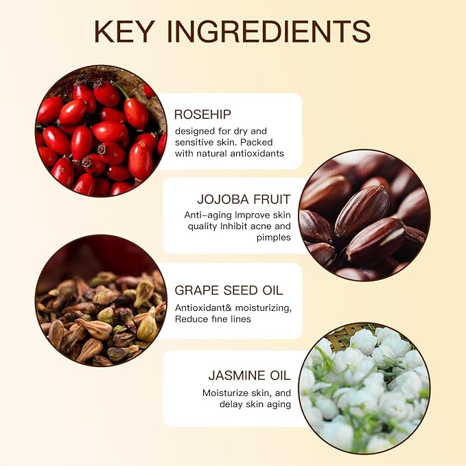 Organic Rosehip Oil, Facial Anti-Aging, Rosehip Oil for Face, for Scars, Natural Extraction of Bakuchiol, Moisturizing&Uniform Skin Tone, for all Skin Types- 30ML