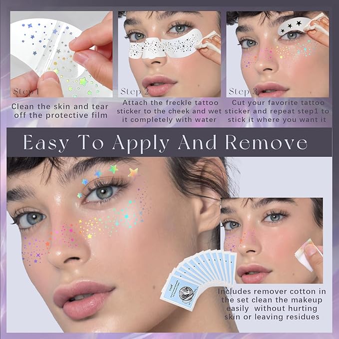 10pcs Holographic Multichrome Silver Glitter Freckles Face Tattoo Set, Color Shift Waterproof Sparkle Face Speckles Patches for Women, Cute Temporary Tattoo Rave Accessories for Fairy Makeup