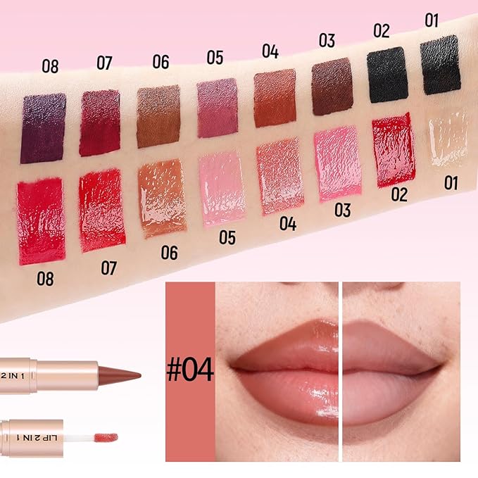 2-in-1 Dual-Ended Lip Liner Lipstick & Gloss Set, Lip Combo with Mirror Effect, Smooth Matte Lip Liner and Moisturizing Lightweight Lip Plumping set for Women, 04 Rosewood
