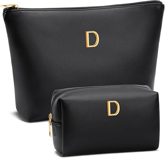Women Gifts | Initial Makeup Bag Set for Girl Personalized Gifts for Bridesmaid Friend Graduation Teachers PU Leather Cosmetic Travel Toiletry Bag(Black,D)