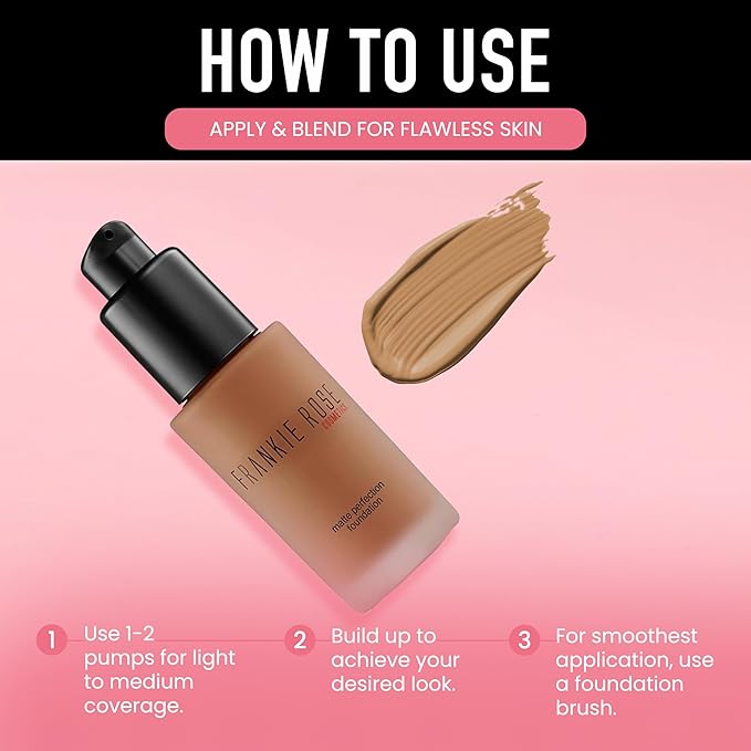 Frankie Rose Cosmetics Matte Perfection Foundation Makeup – Long-Lasting, Hydrating Foundation for Semi-Matte Finish - Foundation Full Coverage for All Skin Types - (Cappuccino)1.0 US fl oz / 30 ml