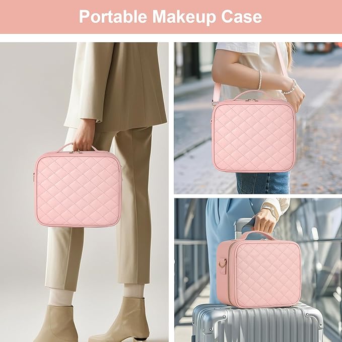 BEAUTY CASE Makeup Case with LED Light Mirror, 10 Inch Portable Travel Cosmetic Organizer Bag with Adjustable Dividers, Rechargeable, Large Capacity, Bright Lighting, Gift for Women Girls, Pink