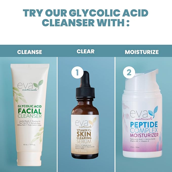 Eva Naturals Glycolic Acid Facial Cleanser – Exfoliating Face Wash with Salicylic Acid, Tea Tree & Vitamin E for Acne, Blackheads, Dark Spots, Wrinkles & Smooth, Clear, Radiant Skin Care - 6 Fl Oz