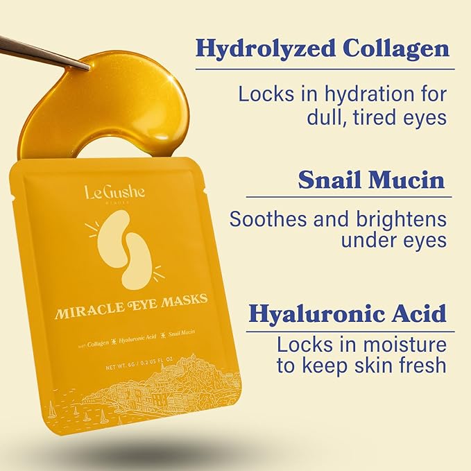 LE GUSHE Gold Under Eye Patches for Puffy Eyes and Dark Circles (10 Pairs) - Hydrating Collagen Under Eye Masks with Snail Mucin - Soothing Puffy Eyes Treatment for Women & Men - Bridesmaid Gifts