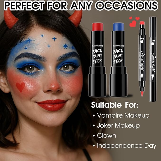 BADCOLOR 3PCS Red Blue Face Body Paint Stick Makeup for Harley/Joker SFX Cosplay & Dress Up, Red Liquid Eyeliner Stamp Pen for Clown Costume Cosplay