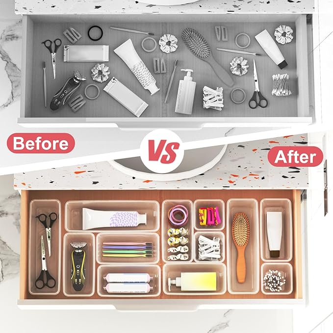 24 PCS Plastic Drawer Organizer Set, Sturdy 3-Size Makeup Vanity Desk Drawer Organizer Trays and Storage Bins for Cosmetics, Junk and Gadgets – Ideal for Bathroom, Bedroom, Office and Kitchen
