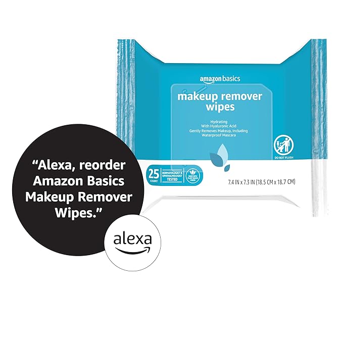 Amazon Basics Makeup Remover Wipes, Gentle Cleansing, Dermatologist Tested, Hydrating, Plant Based, Alcohol Free, Removes Waterproof Mascara, 25 Count Per Pack, Pack of 1 (Previously Solimo)