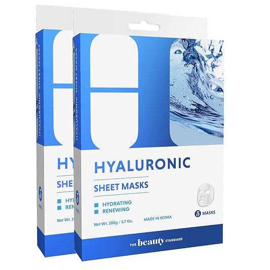Hyaluronic Acid Sheet Face Mask - Skin Firming, Anti-Aging, Moisturizes & Plumps Skin - Dermatologist Tested, Cruelty-Free Korean Skin Care for All Skin Types - 5 Masks (2 Pack)