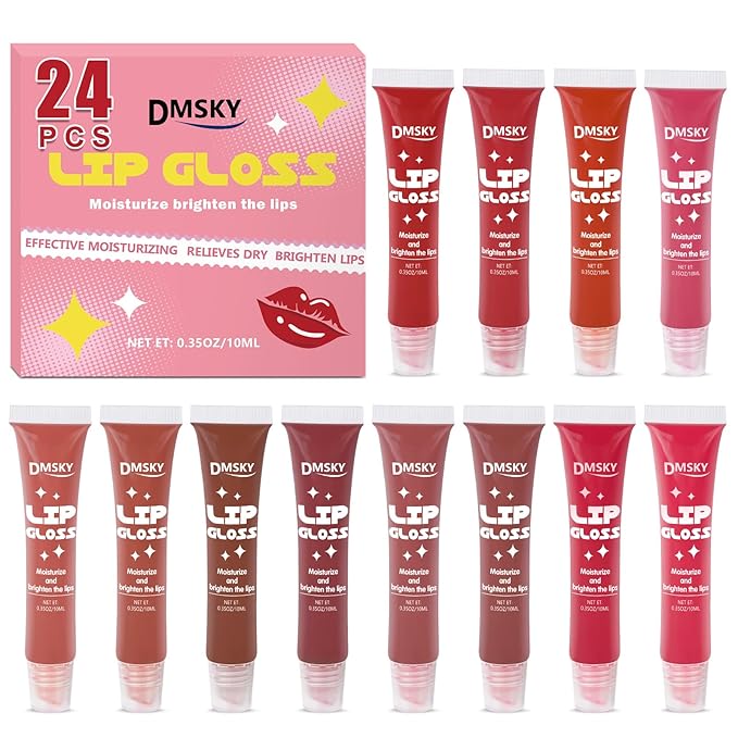 Dmsky 24 Pack Lip Gloss Set, 12 Colors Lip Oil for Dry Cracked Lips, Moisturizing Lip Balm Infused with Vitamin E for a Sheer Tint Of Color