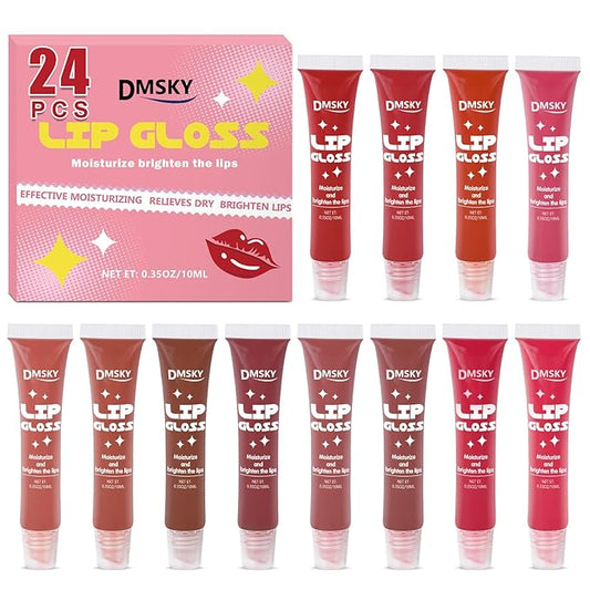 Dmsky 24 Pack Lip Gloss Set, 12 Colors Lip Oil for Dry Cracked Lips, Moisturizing Lip Balm Infused with Vitamin E for a Sheer Tint Of Color